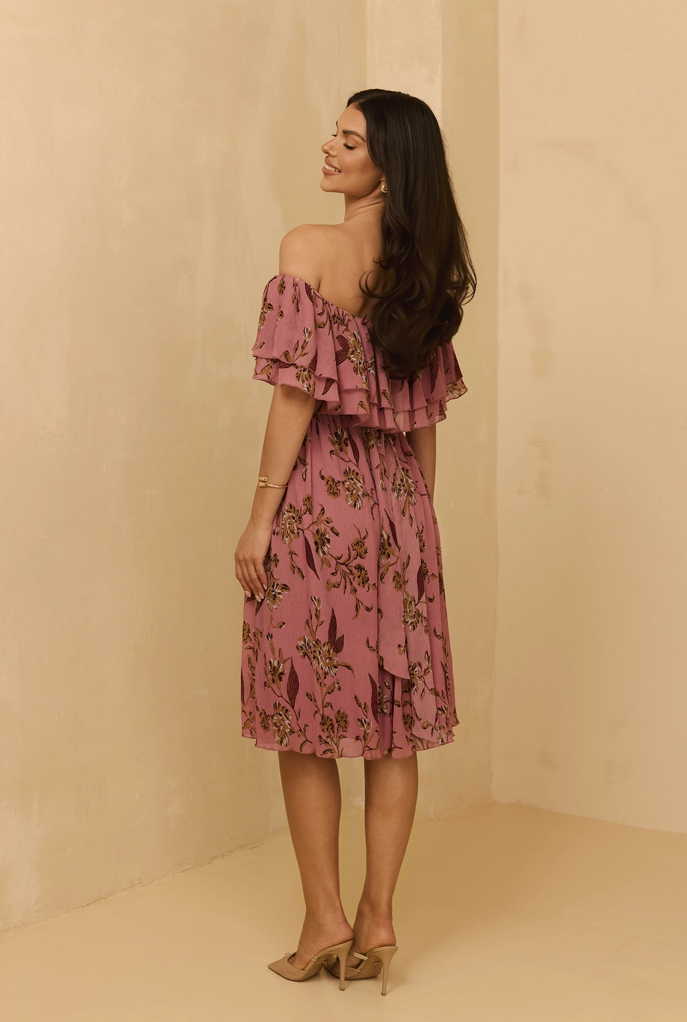 Lavinia - Abito midi rosa sporco con stampe floreali